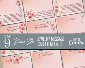 ShineOn Jewelry Message Card Template Bundle, Peach Rose Floral ShineOn Message Card, Custom Jewelry Cards, Editable Canva Templates
