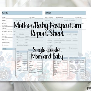 Mom Baby Couplet Report Sheet, Printable PDF Floral Mother-Baby Bedside Shift Report Sheet For Maternal Child Postpartum RN LPN Nurse