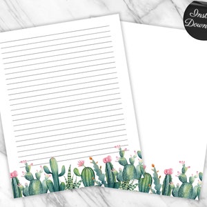Papel de escritura imprimible de acuarela de cactus, Papel de diario con líneas de cactus, Diario de cactus verde estético, Papel estacionario Kawaii lindo PDF