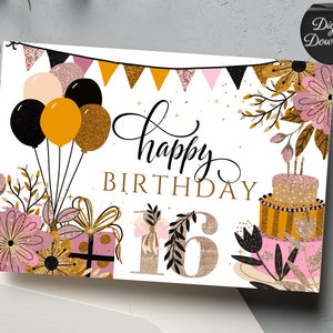 Happy 16e afdrukbare verjaardagskaart, zwart en goud glitterkaart voor haar, roze en goud glittery girly kaart voor mijlpaal B-day Party PDF