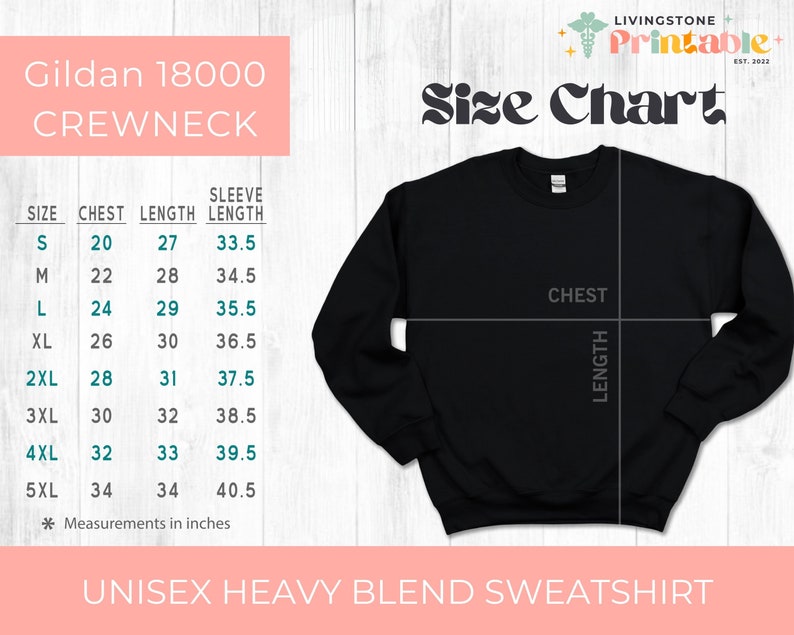 Op de afbeelding: Maattabel voor een Gildan 18000 crewneck sweatshirt. De tabel toont de afmetingen in inches voor borst, lengte en mouwlengte voor maten S tot en met 5XL.