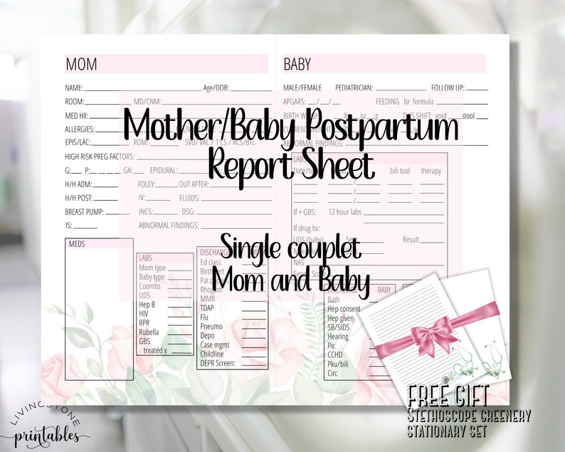 May include: A printable pink and green postpartum report sheet for a mother and baby. The sheet includes sections for both the mother and baby's medical information, including medications, labs, and vital signs. The sheet also includes a section for the baby's feeding and follow-up care. The sheet is decorated with a floral design and the text "Single couplet Mom and Baby".