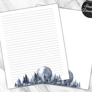 Night Forest Printable Stationary Paper, Moon Lined Writing Paper, Printable Note Paper, Mystic Night Forest Writing Paper US Letter and A4