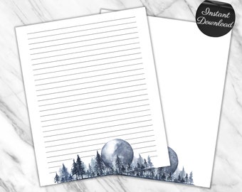 Night Forest Printable Stationary Paper, Moon Lined Writing Paper, Printable Note Paper, Mystic Night Forest Writing Paper US Letter and A4