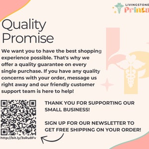 May include: A pink and yellow graphic with the text "Quality Promise" and a QR code. The text reads "We want you to have the best shopping experience possible. That's why we offer a quality guarantee on every single purchase. If you have any quality concerns with your order, message us right away and our friendly customer support team is here to help!"  The text also reads "Thank you for supporting our small business!" and "Sign up for our newsletter to get free shipping on your order!"