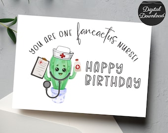 Cute Happy Birthday Nurse Printable Card, Funny Cactus Card For Registered Nurse, Last Minute Gift For RN, Adorable Card For Nurse B-Day