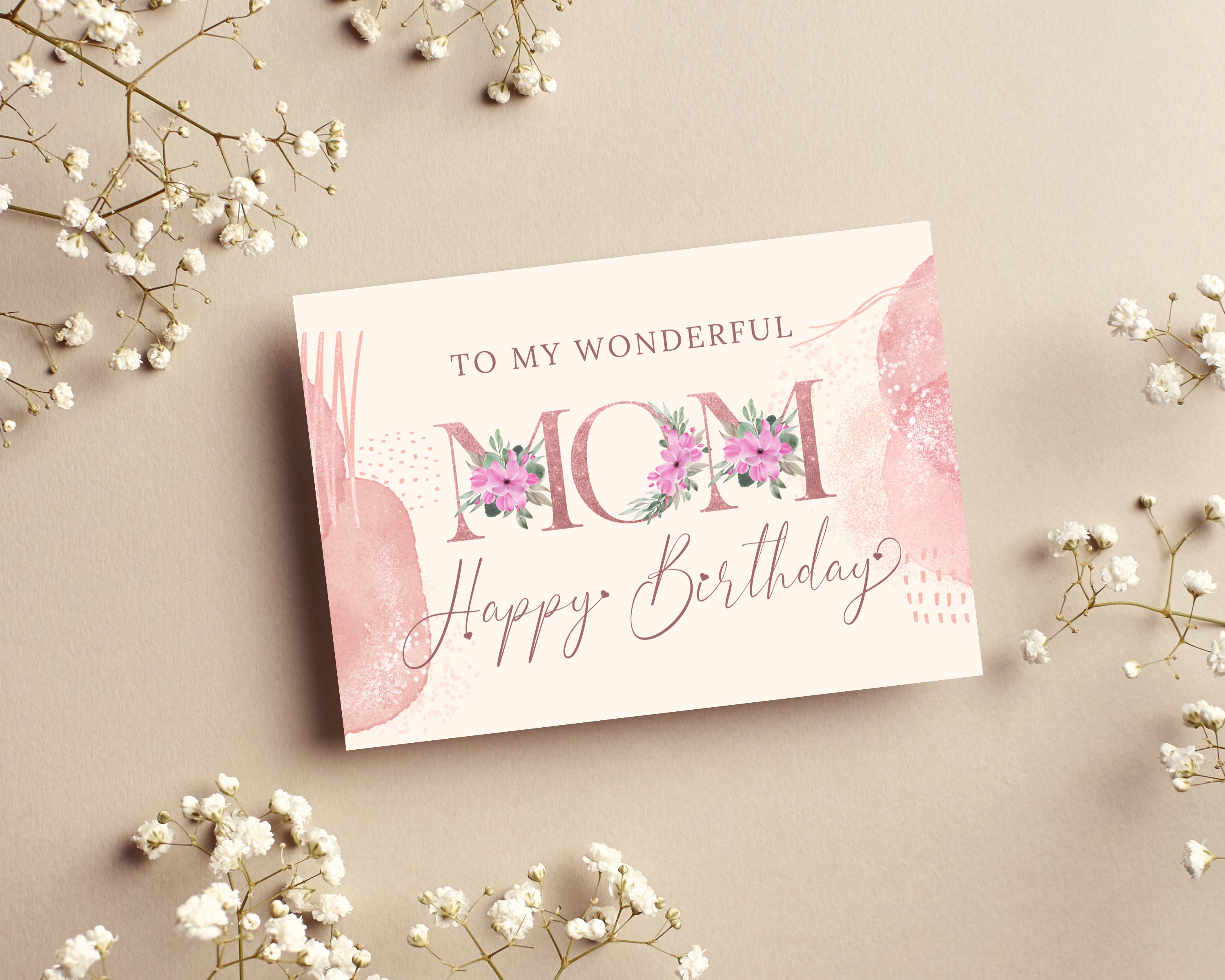 Happy Birthday Karte Für Mama – Mit Rosa Blumen & Goldener Folie, Walisischem Text (leere Innenseite)