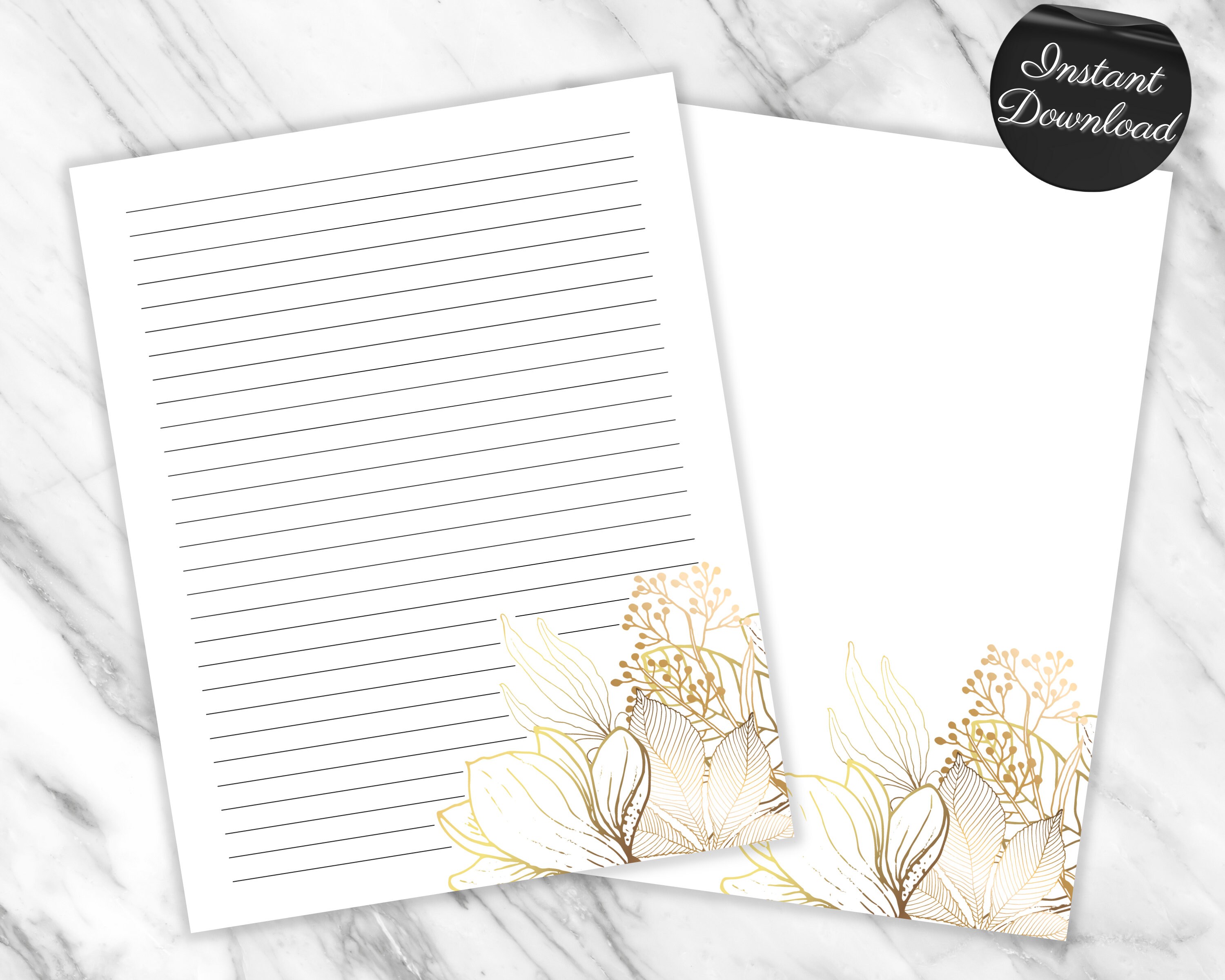 Gold and White Floral Printable Stationary Paper, Aesthetic Lined Journaling Paper, Pretty Gold Flower Instant Download Writing Paper PDF