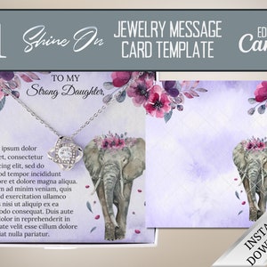 Elefant ShineOn Schmuck Nachricht Kartenvorlage, lila Aquarell Blumenhalskette Bearbeitbar in Canva Nachricht Kartenvorlage für Verkäufer