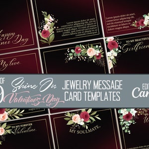 Modelos de cartões de mensagens brilhantes para o dia dos namorados, cartões personalizáveis de colar vermelho borgonha, pacote de modelos de cartões de mensagens de joias Canva