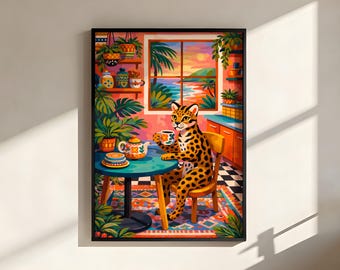 Tropical Ocelot Kitchen Wall Art Printable, Dopamine Decor Print, Colorful Animal Art, Maximalist Kitchen Poster, Cute Jungle Cat Bold Art