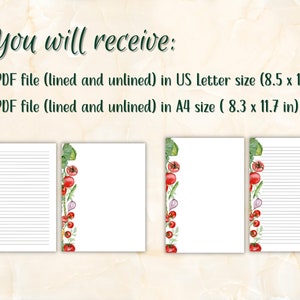 May include: Two printable PDF files of lined and unlined stationery paper with a tomato and vegetable border. The paper is available in US Letter size (8.5 x 11 inches) and A4 size (8.3 x 11.7 inches).