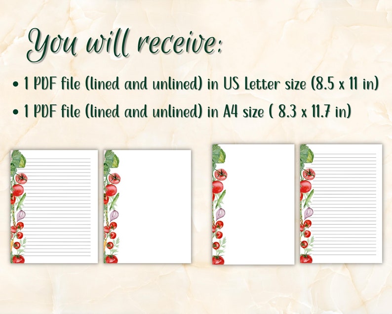 May include: Two printable PDF files of lined and unlined stationery paper with a tomato and vegetable border. The paper is available in US Letter size (8.5 x 11 inches) and A4 size (8.3 x 11.7 inches).