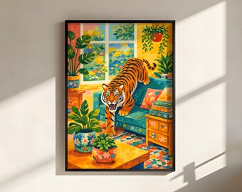 Whimsical Tiger Art Print, Colorful Floral Home Decor, Maximalist Living Room Wall Art, Dopamine Decor Printable, Eclectic Interior Style