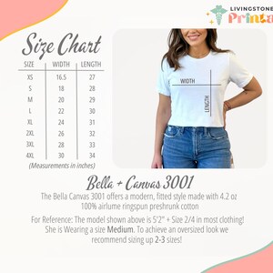 May include: Size chart for Bella + Canvas 3001 t-shirts, showing width and length measurements in inches for sizes XS to 4XL. The chart includes information about the fabric, which is 4.2 oz 100% airlume ringspun preshrunk cotton. The text also notes that the model is wearing a size Medium and recommends sizing up 2-3 sizes for an oversized look.