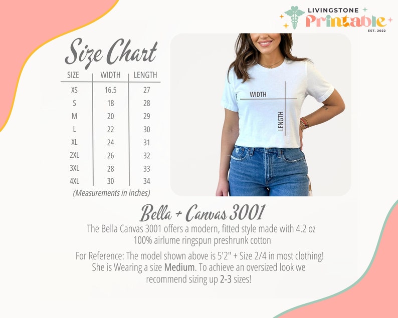 May include: Size chart for Bella + Canvas 3001 t-shirts, showing width and length measurements in inches for sizes XS to 4XL. The chart includes information about the fabric, which is 4.2 oz 100% airlume ringspun preshrunk cotton. The text also notes that the model is wearing a size Medium and recommends sizing up 2-3 sizes for an oversized look.