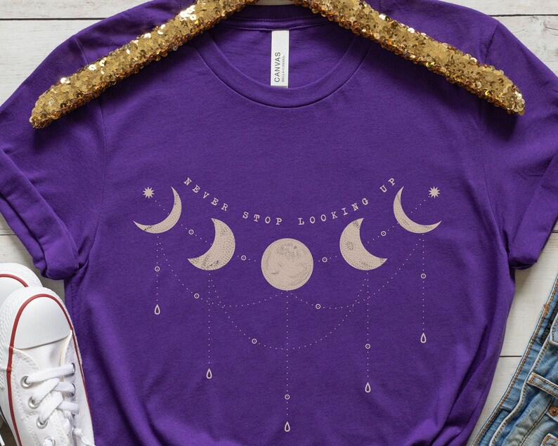 Moon Phase Shirt, Celestial Pendant Crescent Moon Shirt, Outer Space Inspirational Quote Tee, Never Stop Looking Up Shirt, Astrology Tee Team Purple