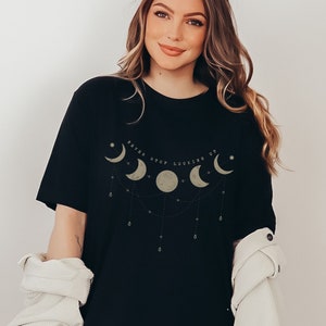 Moon Phase Shirt, Celestial Pendant Crescent Moon Shirt, Outer Space Inspirational Quote Tee, Never Stop Looking Up Shirt, Astrology Tee Black