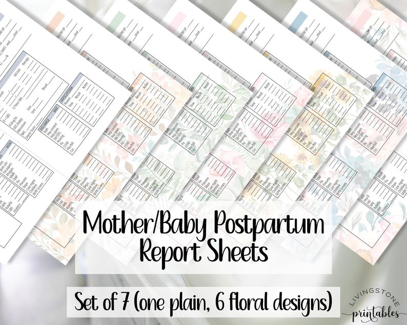 May include: Set of seven printable postpartum report sheets, one plain and six with floral designs. The sheets are in various pastel colors with watercolor floral patterns.