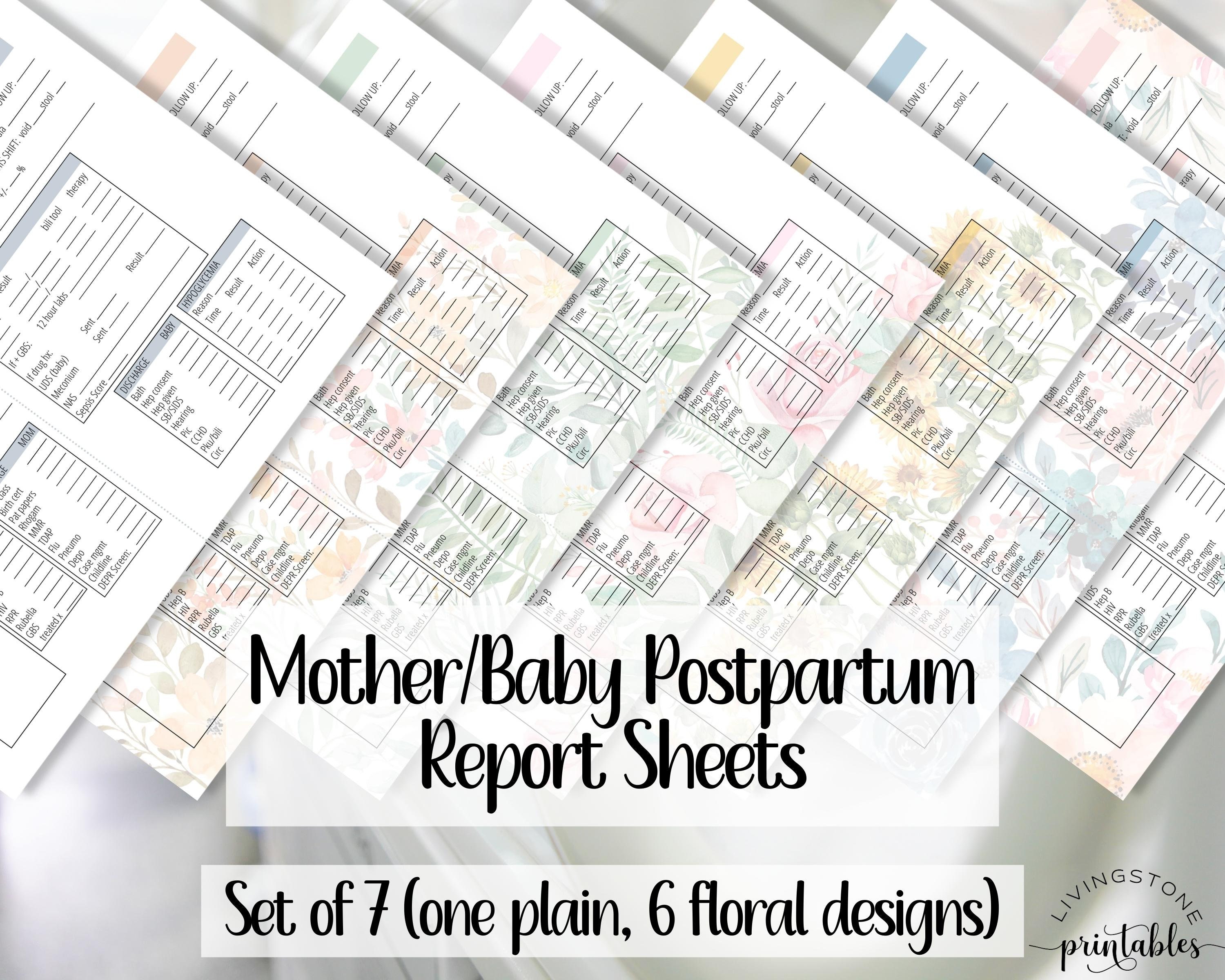 Postnatal Notes Set of Mother Baby Postpartum Nursing Report Sheets, Hand off Shift ...