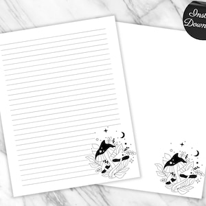 Celestial Mushroom Printable Stationary Paper, Black and White Instant Download Lined and Unlined Writing Paper Star Moon Mushroom Paper PDF