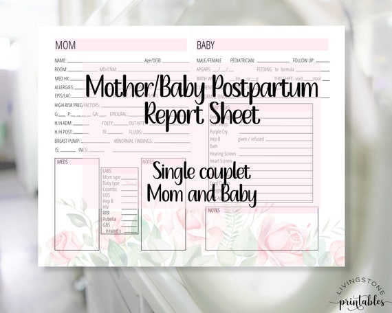 Pink Mother Baby Postpartum Nursing Printable Report Sheet, Mom Baby Couplet Care Nurse Brain PDF, Bedside Shift Report Sheet, Style 2