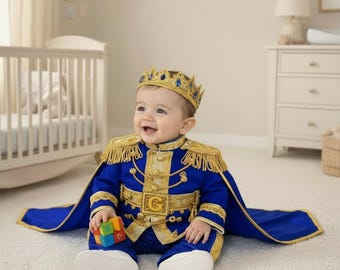 Royal Blue Baby Prince Costume, Gold Crown Outfit, First Birthday