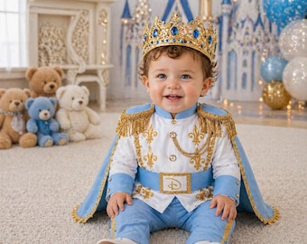 Personalized Baby Prince Costume Sky Blue Birthday Outfit Royal Cape Crown Set First Birthday Photoshoot Toddler Boy Prince Suit