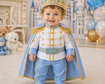 Personalized Sky Blue Gold Baby Prince Costume Royal Birthday Outfit Boy Crown Set