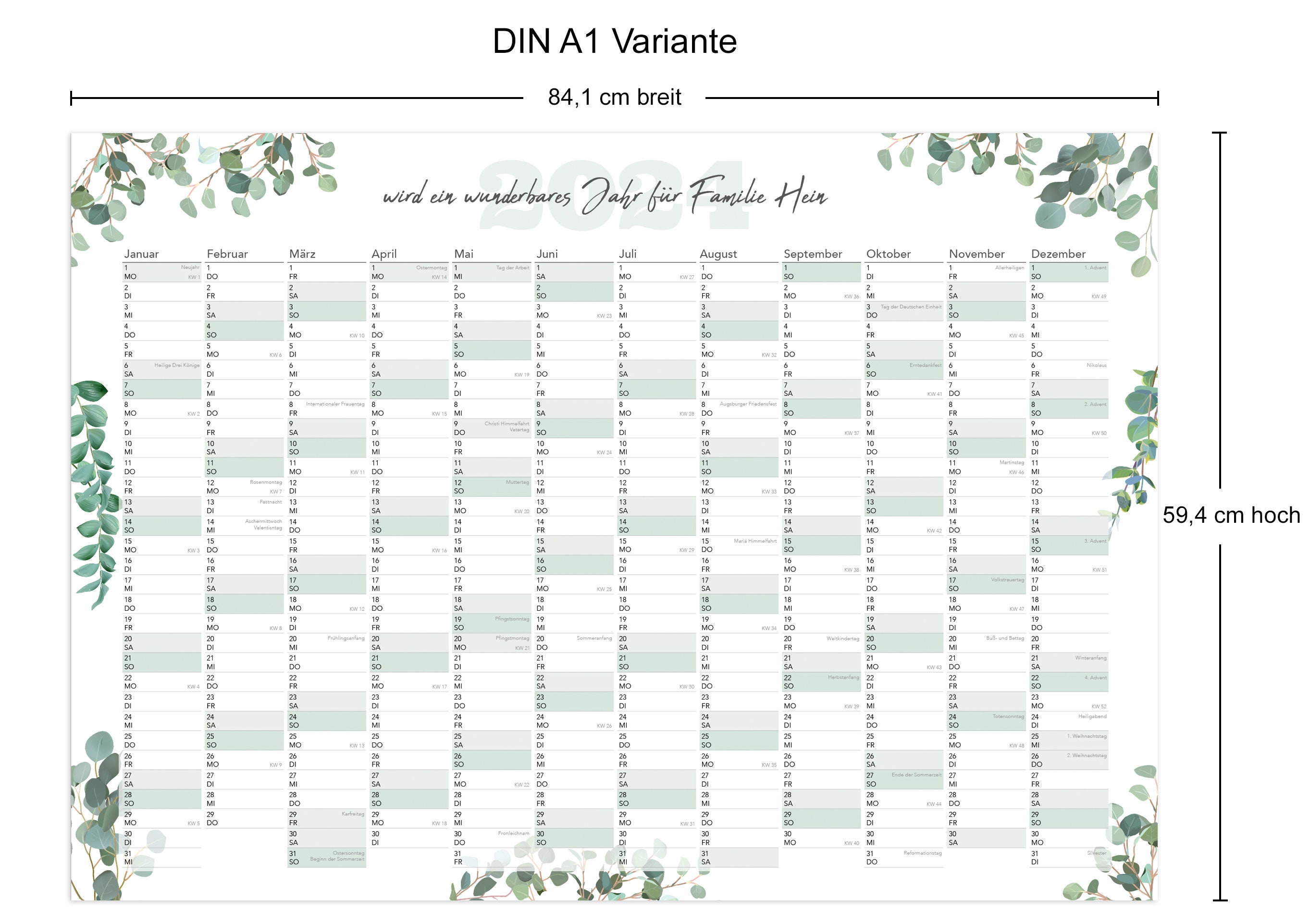 Jahreskalender 2024 Wandkalender personalisiert DIN A2 oder DIN A1