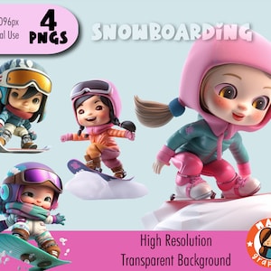 Snowboarding Cute Girl Clipart-Set aus 4 PNGs, herunterladbare Dateien, hohe Qualität