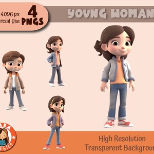 Urocza 3D młoda kobieta Postacie Clipart Set - Wysoka Rozdzielczość PNG (4 Różne Postacie), pliki do pobrania, Wysoka Jakość