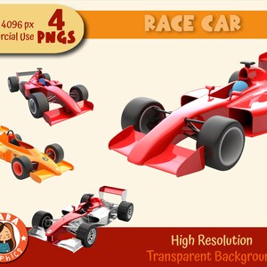 Conjunto de 4 lindos carros de corrida 3D Clipart - carro de corrida retrô F1 - PNGs de alta resolução (4 caracteres diferentes), arquivos para download, alta qualidade