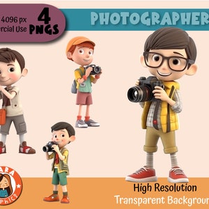 Niedlicher 3D Junge Fotograf Clipart Set - Hochauflösende PNGs (4 verschiedene Zeichen), herunterladbare Dateien, hohe Qualität