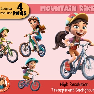 Cute Mountain Bike Girls 3D Clipart - Set of 4 PNGs - High Resolution PNGs (4 Different Characters), downloadable files, High Quality
