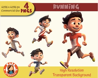 Cute 3D Boy Runner Clipart Set - High Resolution PNGs (4 Different Characters), downloadable files, High Quality