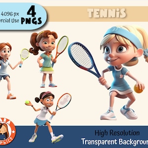 3D Tennisster meisjes Clipart - Set van 4 PNG's - Hoge resolutie PNG's (4 verschillende karakters), downloadbare bestanden, hoge kwaliteit