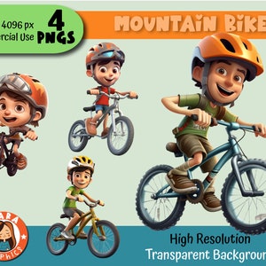 Niedliche Mountainbike Jungen 3D Clipart - Set aus 4 PNGs - Hochauflösende PNGs (4 verschiedene Zeichen), herunterladbare Dateien, hohe Qualität, Pixar-Stil