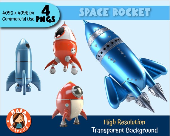 4 つの 3D 宇宙ロケット クリップアートのセット - 高解像度 PNG (4