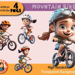Cute Mountain Bike Girls 3D Clipart - Set of 4 PNGs - High Res PNGs (4 Different Characters), fichiers téléchargeables, Haute Qualité, Style Pixar