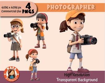 Niedliches 3D-Mädchen-Fotograf-Clipart-Set - Hochauflösende PNGs (4 verschiedene Zeichen), herunterladbare Dateien, hohe Qualität