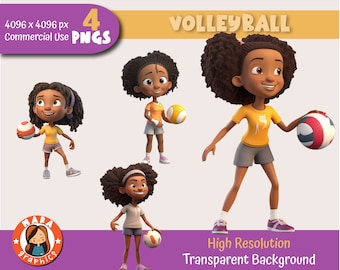 Cute 3D Volleyball girl Clipart Set - High Resolution PNGs (4 Different Characters), downloadable files, High Quality