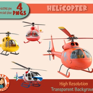 Niedliches 3D Hubschrauber Clipart Set - PNGs mit hoher Auflösung (4 verschiedene Zeichen), herunterladbare Dateien, hohe Qualität