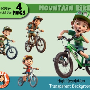 Cute Mountain Bike Boys 3D Clipart - Conjunto de 4 PNGs - PNGs de alta resolução (4 caracteres diferentes), arquivos para download, alta qualidade, estilo pixar