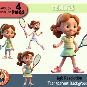 3D Tennisster meisjes Clipart - Set van 4 PNG's - Hoge resolutie PNG's (4 verschillende karakters), downloadbare bestanden, hoge kwaliteit