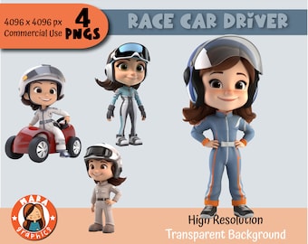 Niedliches 3D-Rennfahrer-Mädchen-Clipart-Set - Set aus 4 PNGs - PNGs mit hoher Auflösung (4 verschiedene Zeichen), herunterladbare Dateien, hohe Qualität