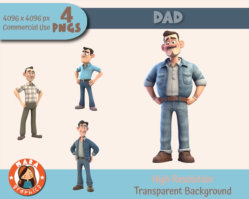 Cute 3D Dad Characters Clipart Set High Resolution Pngs 4 Different Characters, Downloadable