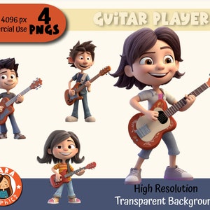 Niedlicher 3D Junge Gitarrist Clipart Set - PNGs mit hoher Auflösung (4 verschiedene Zeichen), herunterladbare Dateien, hohe Qualität