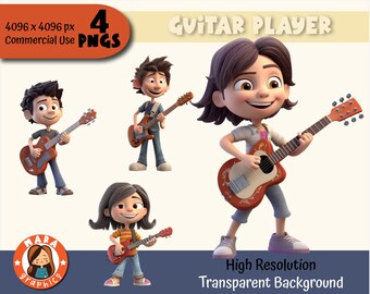 Cute 3D boy Guitar Player Clipart Set - High Resolution PNGs (4 Different Characters), downloadable files, High Quality