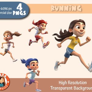 Cute 3D Girl Runner Clipart Set - High Resolution PNGs (4 Different Characters), downloadable files, High Quality
